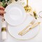 140Pcs Gold Plastic Plates, White Plates with Gold Rim, Disposable Dinnerware Include 20Dinner Platos, 20 Dessert Platos, 20Pre Rolled Napkins with Cutlery and 20 Cups for Party